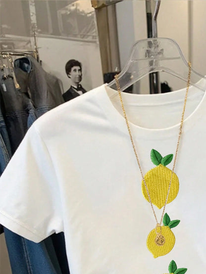 Resyla Women's Lemon Embroidery Round Neck Short Sleeve T-Shirt