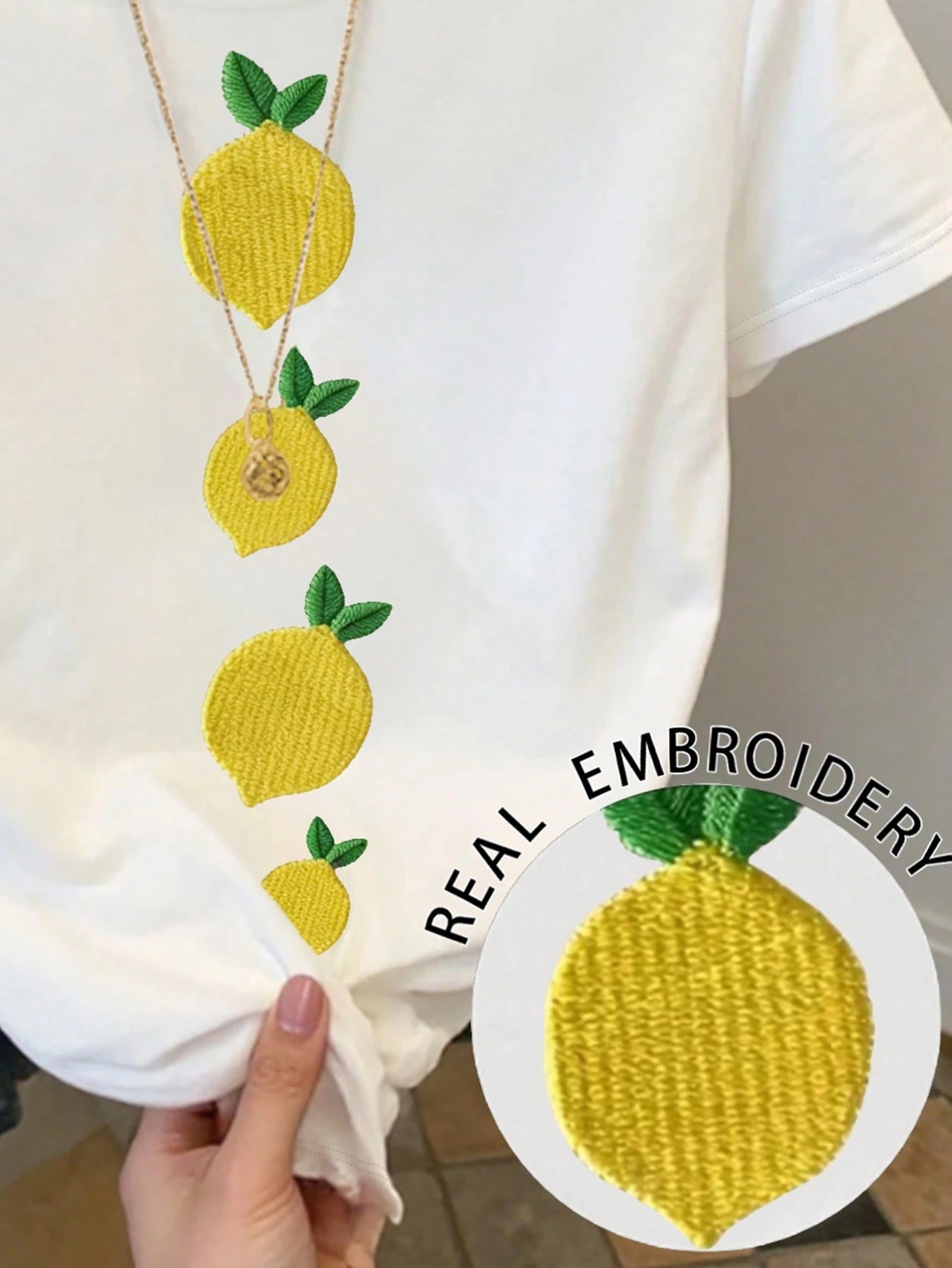 Resyla Women's Lemon Embroidery Round Neck Short Sleeve T-Shirt