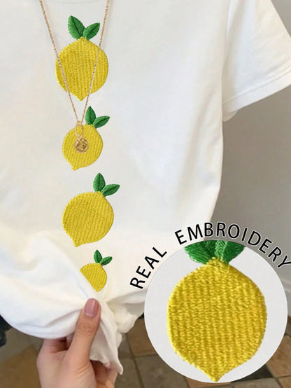 Resyla Women's Lemon Embroidery Round Neck Short Sleeve T-Shirt