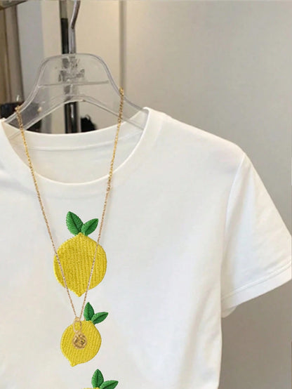 Resyla Women's Lemon Embroidery Round Neck Short Sleeve T-Shirt