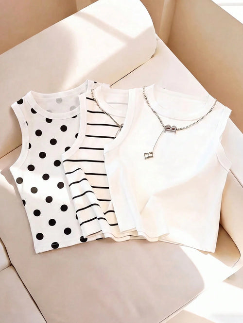 Resyla Women's Spring/Summer New Arrival Bestselling Striped, Polka Dot, Solid Color Printed Camisole Vest Tops, Versatile All-Match Fitted Style