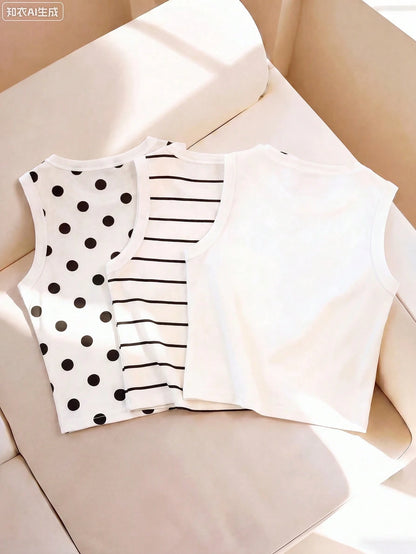 Resyla Women's Spring/Summer New Arrival Bestselling Striped, Polka Dot, Solid Color Printed Camisole Vest Tops, Versatile All-Match Fitted Style