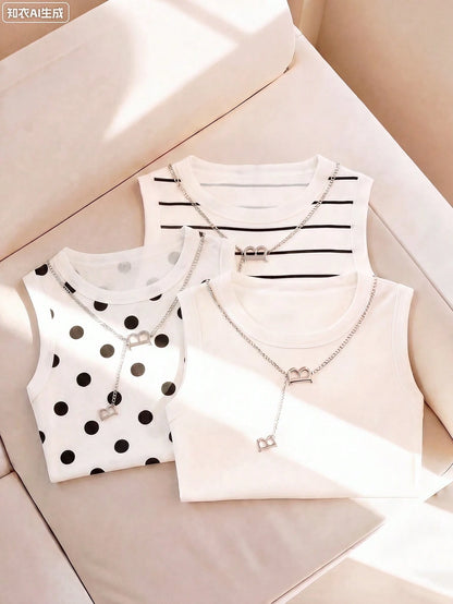 Resyla Women's Spring/Summer New Arrival Bestselling Striped, Polka Dot, Solid Color Printed Camisole Vest Tops, Versatile All-Match Fitted Style