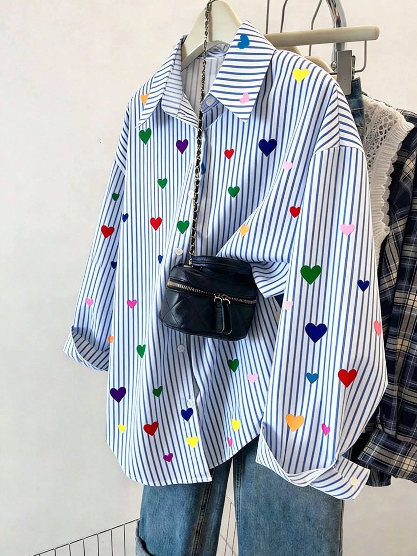 Resyla Women's Striped Heart Print Single-Breasted Casual Versatile Commuting Shirt