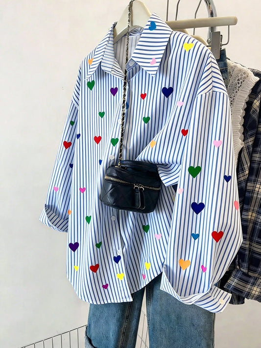 Resyla Women's Striped Heart Print Single-Breasted Casual Versatile Commuting Shirt