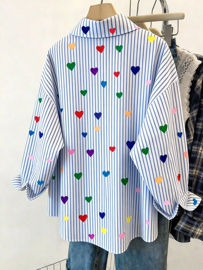Resyla Women's Striped Heart Print Single-Breasted Casual Versatile Commuting Shirt