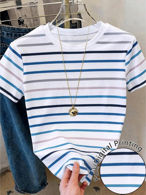 Resyla Women's Striped Minimalist Round Neck Short Sleeve T-Shirt