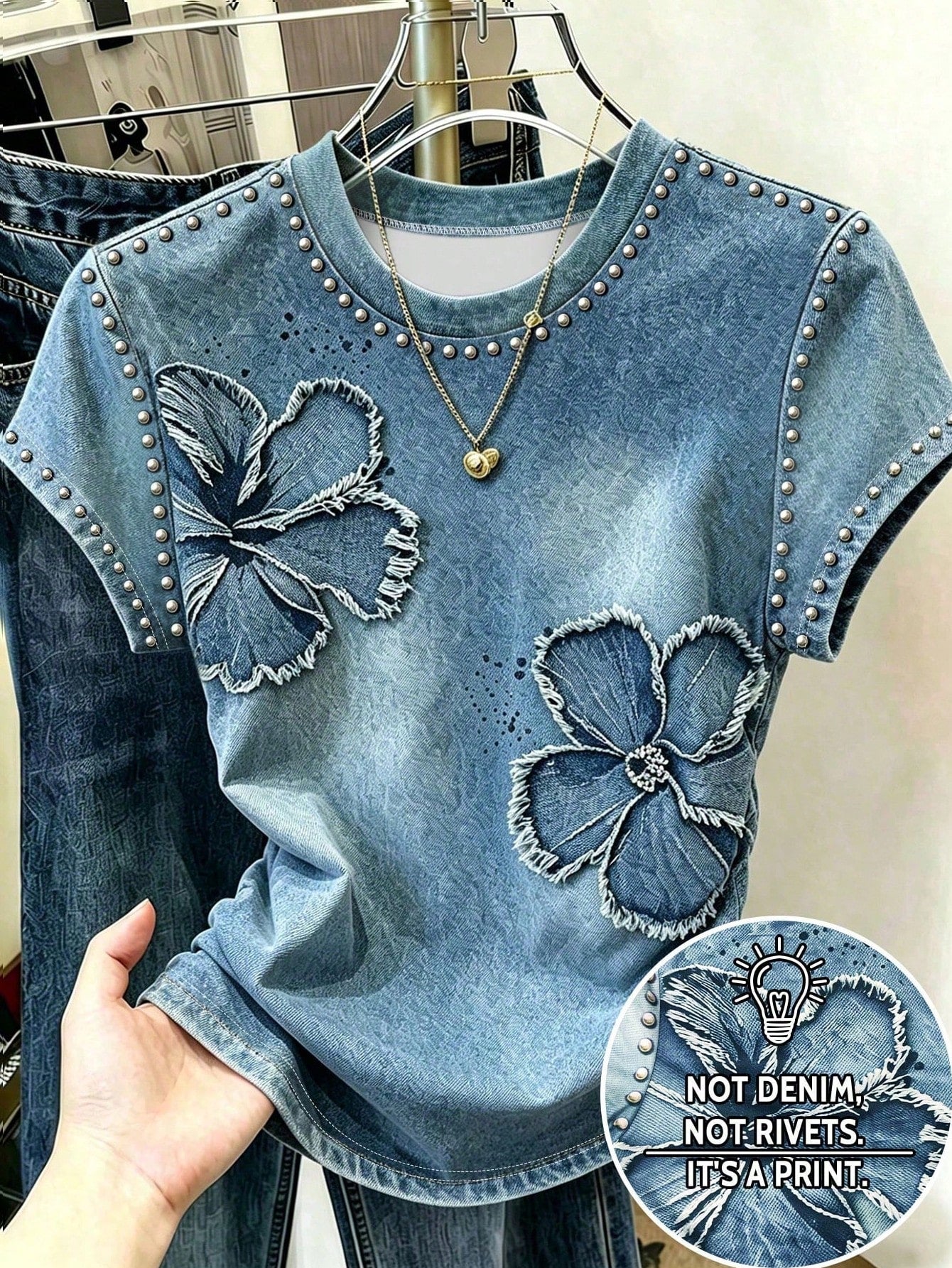 Resyla Women's T-Shirt, Vintage Blue Floral Print Pattern Summer Outing Top, Graphic Design, Casual Versatile, Daily Wear, Outdoor, Shopping, Travel Outdoor