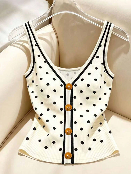 Resyla Women's Vintage Elegant Polka Dot Print Trim Camisole, Suitable For Summer Holiday