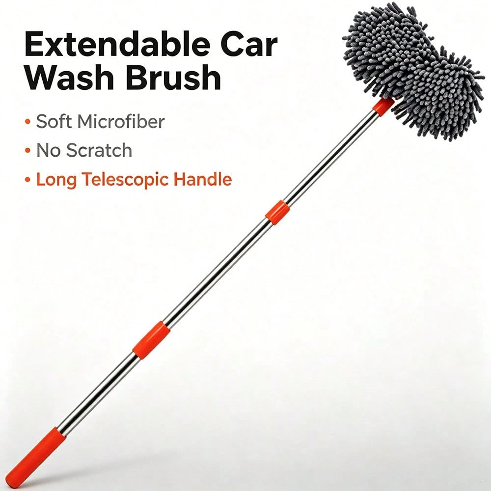 Retractable Double Head Car Wash Mop, 360° Rotating Chenille Microfiber Brush, Extendable Pole Soft Scrub For Wet Car Cleaning, SUV Truck RV Caravan Window & Glass, Manual, No Battery Needed, Multipur