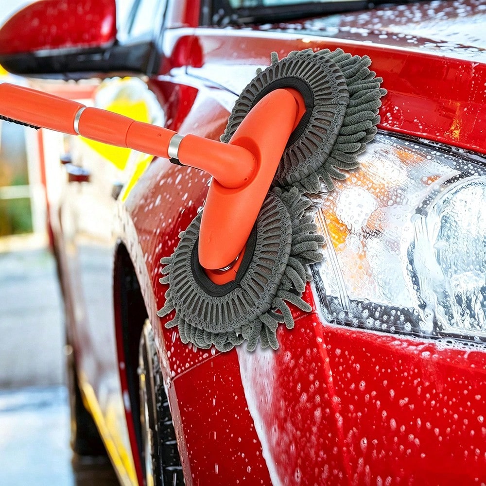 Retractable Double Head Car Wash Mop, 360° Rotating Chenille Microfiber Brush, Extendable Pole Soft Scrub For Wet Car Cleaning, SUV Truck RV Caravan Window & Glass, Manual, No Battery Needed, Multipur
