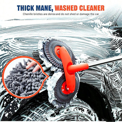 Retractable Double Head Car Wash Mop, 360° Rotating Chenille Microfiber Brush, Extendable Pole Soft Scrub For Wet Car Cleaning, SUV Truck RV Caravan Window & Glass, Manual, No Battery Needed, Multipur