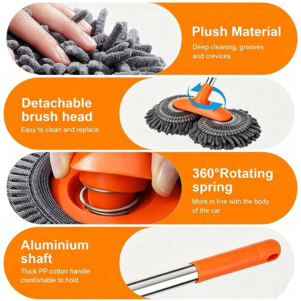 Retractable Double Head Car Wash Mop, 360° Rotating Chenille Microfiber Brush, Extendable Pole Soft Scrub For Wet Car Cleaning, SUV Truck RV Caravan Window & Glass, Manual, No Battery Needed, Multipur