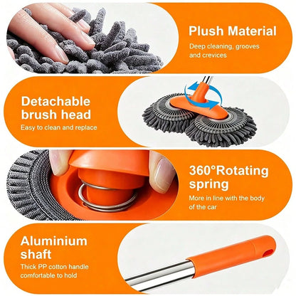 Retractable Double Head Car Wash Mop, 360° Rotating Chenille Microfiber Brush, Extendable Pole Soft Scrub For Wet Car Cleaning, SUV Truck RV Caravan Window & Glass, Manual, No Battery Needed, Multipur