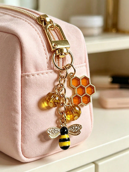 Rhinestone Bee & Honeycomb Keychain, Vintage Sweet Style Bag Charm, Gold-Plated Detachable Lobster Clasp Pendant, Oil-Drip Enamel Bee + Orange Honeycomb + Amber Crystal Bead 3 PiecesCharm, Suitable Fo