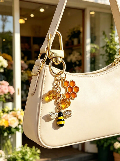 Rhinestone Bee & Honeycomb Keychain, Vintage Sweet Style Bag Charm, Gold-Plated Detachable Lobster Clasp Pendant, Oil-Drip Enamel Bee + Orange Honeycomb + Amber Crystal Bead 3 PiecesCharm, Suitable Fo