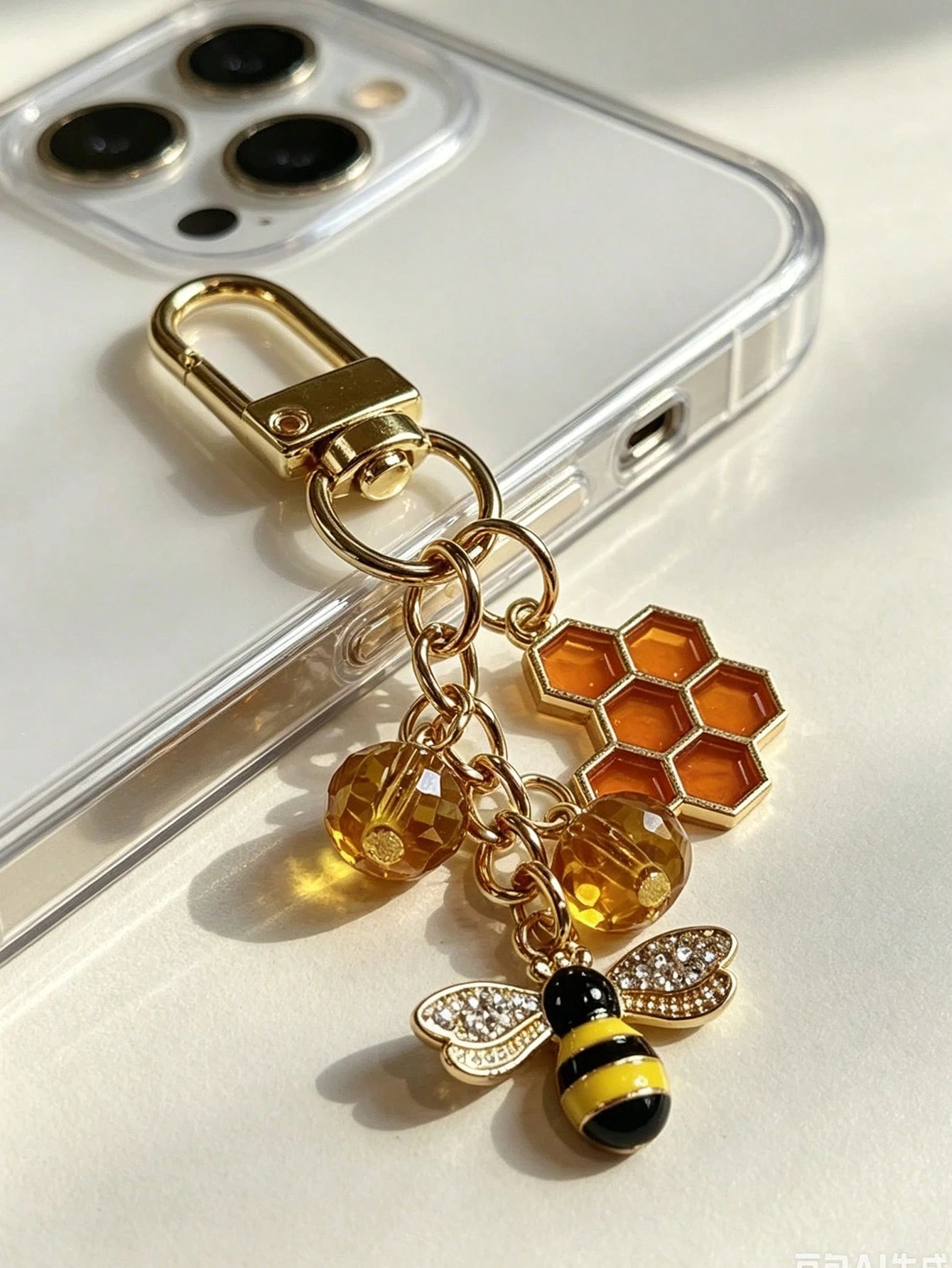 Rhinestone Bee & Honeycomb Keychain, Vintage Sweet Style Bag Charm, Gold-Plated Detachable Lobster Clasp Pendant, Oil-Drip Enamel Bee + Orange Honeycomb + Amber Crystal Bead 3 PiecesCharm, Suitable Fo