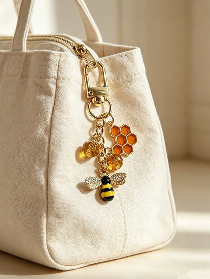 Rhinestone Bee & Honeycomb Keychain, Vintage Sweet Style Bag Charm, Gold-Plated Detachable Lobster Clasp Pendant, Oil-Drip Enamel Bee + Orange Honeycomb + Amber Crystal Bead 3 PiecesCharm, Suitable Fo