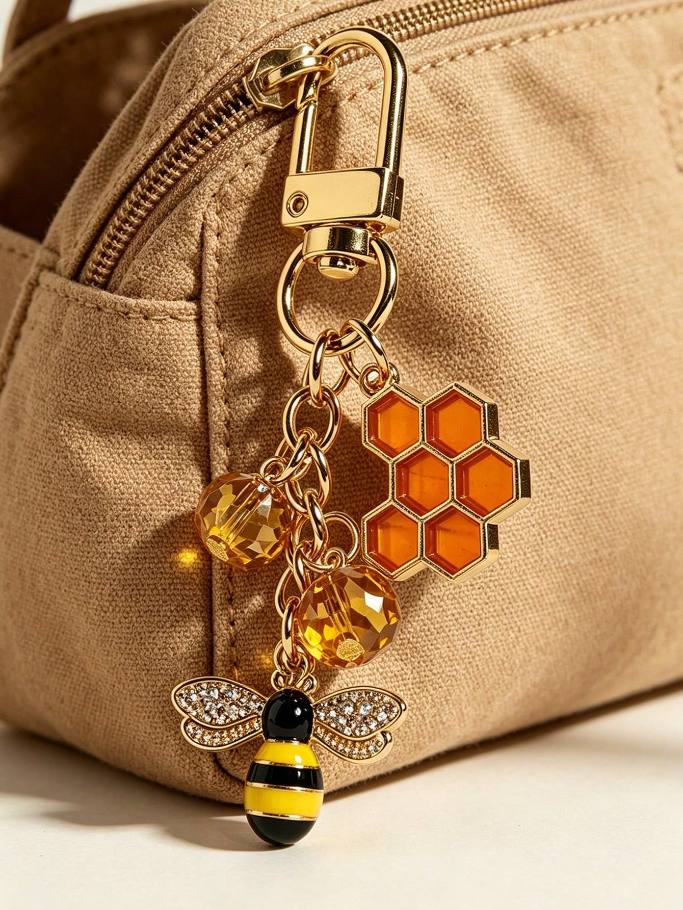 Rhinestone Bee & Honeycomb Keychain, Vintage Sweet Style Bag Charm, Gold-Plated Detachable Lobster Clasp Pendant, Oil-Drip Enamel Bee + Orange Honeycomb + Amber Crystal Bead 3 PiecesCharm, Suitable Fo