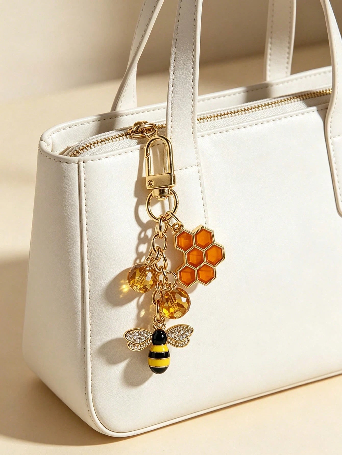 Rhinestone Bee & Honeycomb Keychain, Vintage Sweet Style Bag Charm, Gold-Plated Detachable Lobster Clasp Pendant, Oil-Drip Enamel Bee + Orange Honeycomb + Amber Crystal Bead 3 PiecesCharm, Suitable Fo