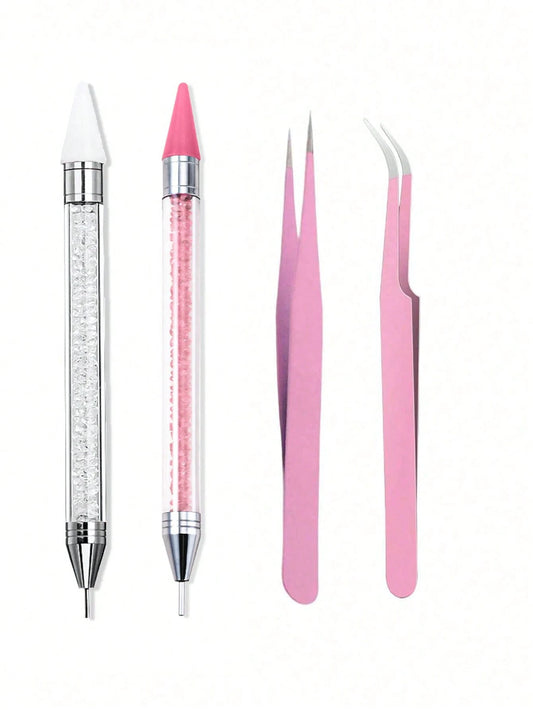 Rhinestone Picking Tool Set, Rhinestone Applicator Tools, Includes 2 Double-Ended Rhinestone Pens And 2 Tweezers For Rhinestone Embellishment (Pink A)