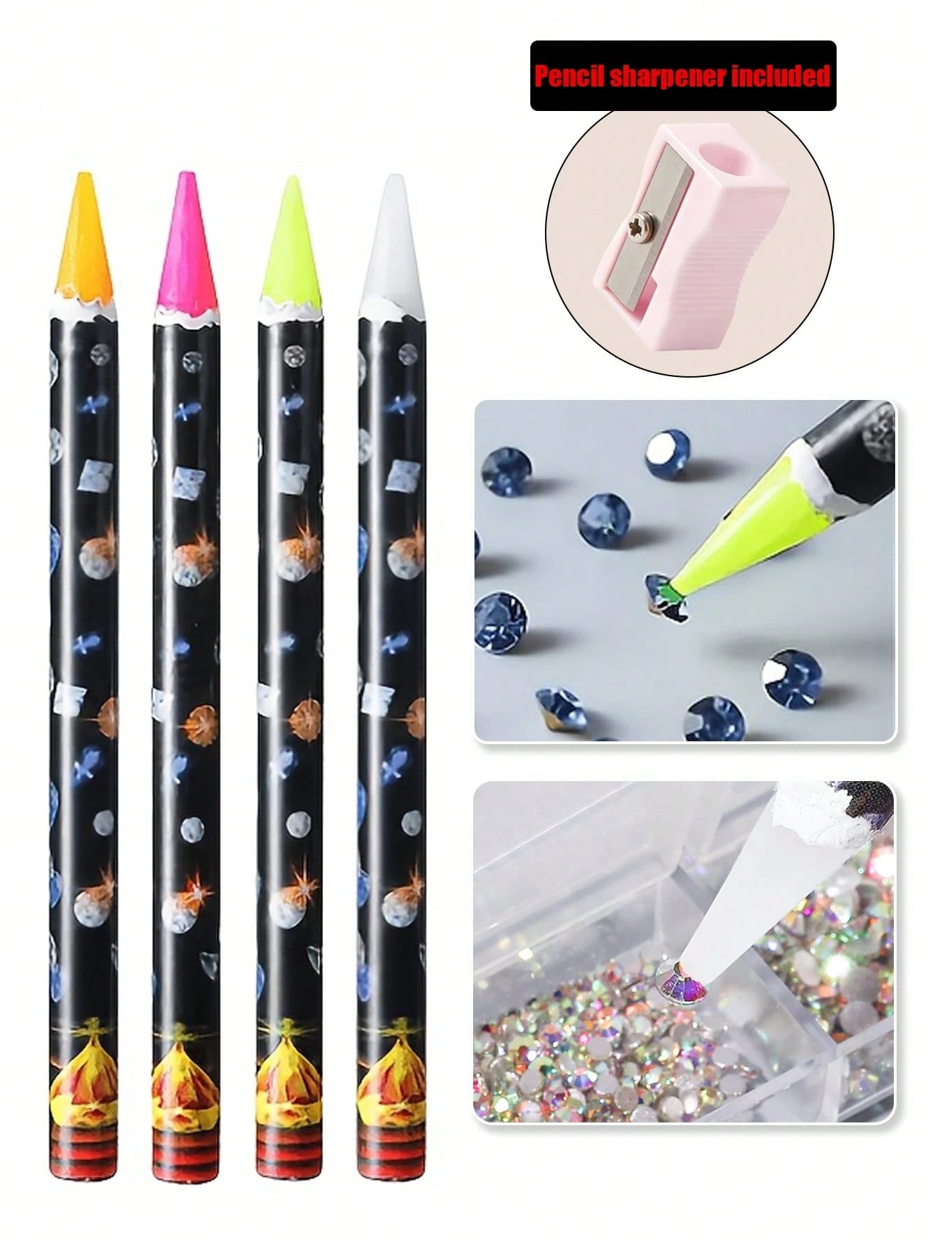Rhinestone Wax Pencil (With Sharpener) Quick-Dry Wax Pencil, 4 Colors Available, For Picking And Pasting Rhinestones, Gems, Studs And Other Nail Art Decorations