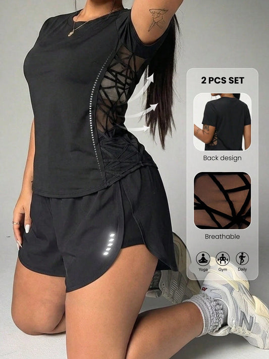 Rhythm Era Plus Size Women Mesh Patchwork Short Sleeve Top And Shorts Casual Sportswear Set