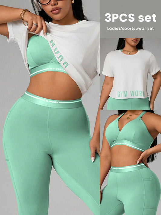 Rhythm Era Plus Size Women's Backless Halter Neck Top, Leggings, Short Sleeve T-Shirt 3-Piece Sports Set