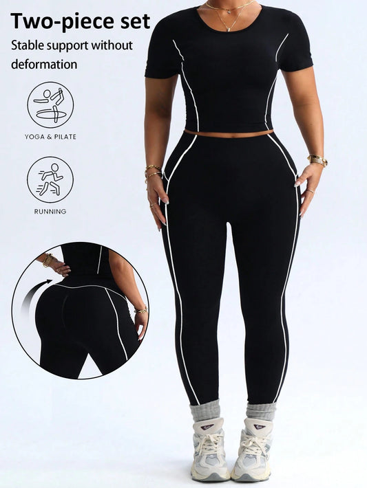 Rhythm Era Plus Size Women Seamless Tight Fitness Yoga Set, Tight Sportswear Two Pieces Outfit Gym Sports Black And White Summer