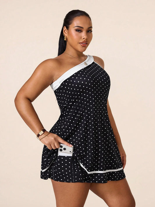 Rhythm Era Women's Plus Size One Shoulder Black And White Print Sports Dress And Pocket Shorts Set Tennis Golf Summer