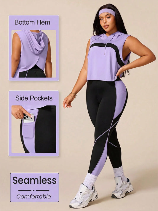 Rhythm Era Women's Sports Yoga Outdoor Gym Workout Set, Drawstring Hooded Sleeveless Loose Hoodie With Curved Contrast Color Chest Design, Leggings With Line And Color Block Contrast