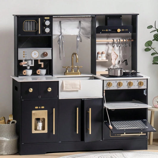 Robotime Wooden Play Kitchen For Toddlers And Kids, Toy Kitchen Set With Ice Maker And Coffee Machine, Realistic Toddler Kitchen Set, Gift For Girls Boys Ages 3+
