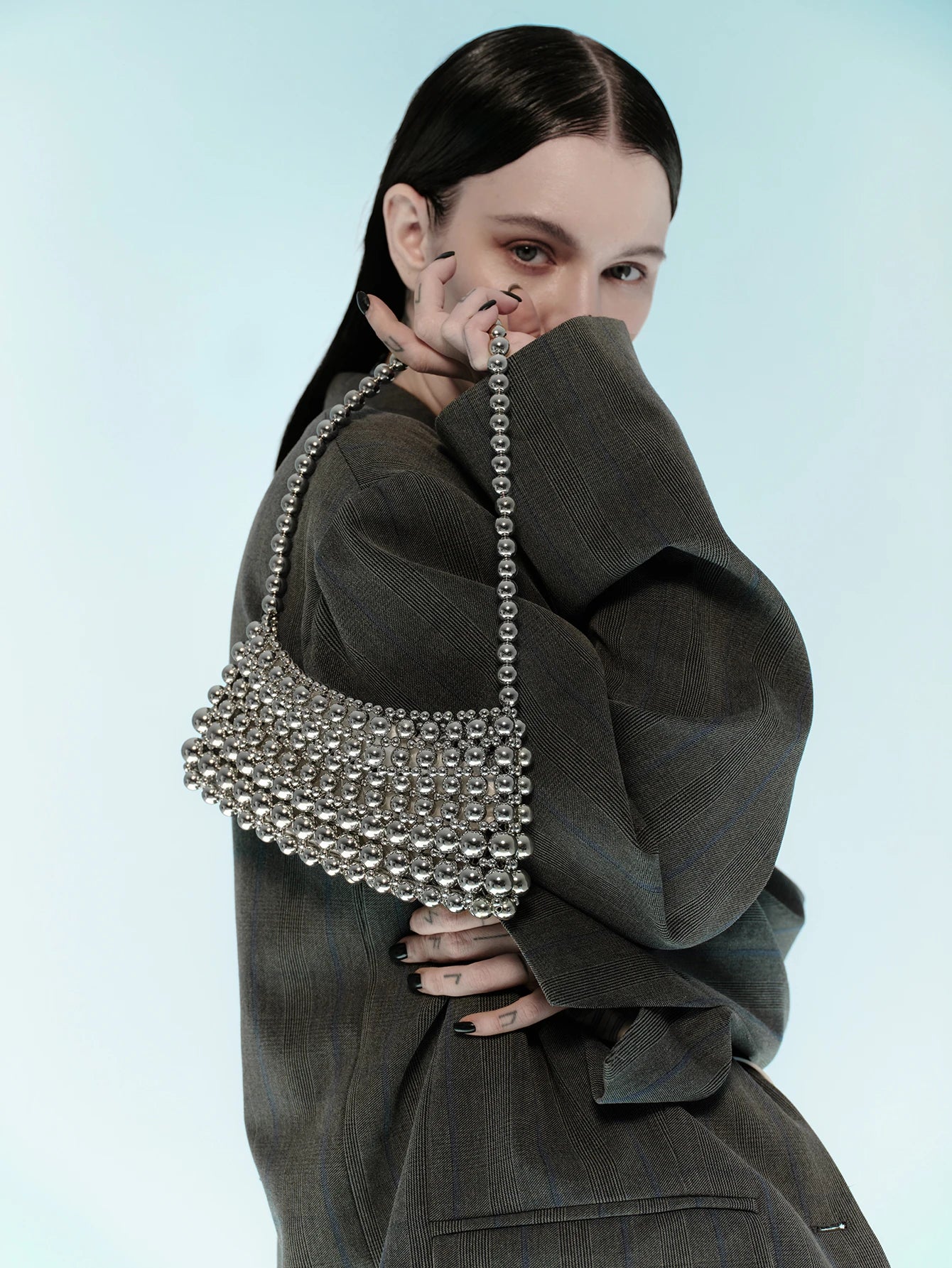 Rollcall Pearl Embellished Oversized Tote Bag, Shoulder Underarm Bag, Elegant Pearl Bag