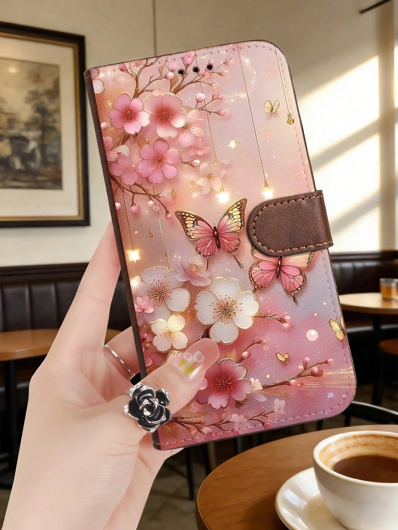 Romantic Cherry Blossom And Butterfly Design, Premium Durable Flip Wallet Phone Case, Compatible With IPhone 16,15,14,13,12 Pro Max,11, With Foldable Stand And Credit Card Slots, Water-Resistant, Shoc