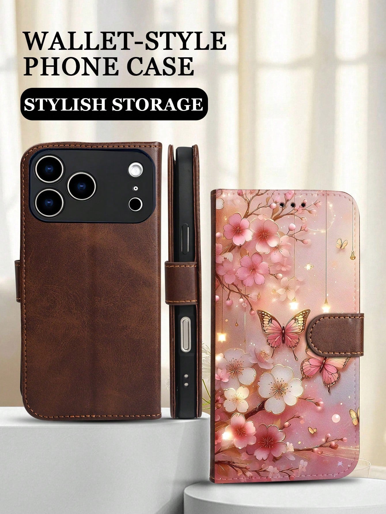 Romantic Cherry Blossom And Butterfly Design, Premium Durable Flip Wallet Phone Case, Compatible With IPhone 16,15,14,13,12 Pro Max,11, With Foldable Stand And Credit Card Slots, Water-Resistant, Shoc