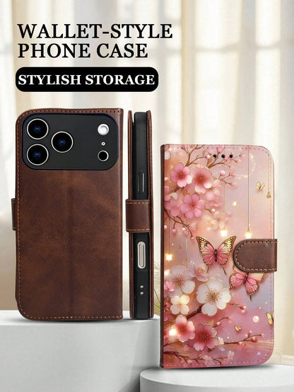 Romantic Cherry Blossom And Butterfly Design, Premium Durable Flip Wallet Phone Case, Compatible With IPhone 16,15,14,13,12 Pro Max,11, With Foldable Stand And Credit Card Slots, Water-Resistant, Shoc