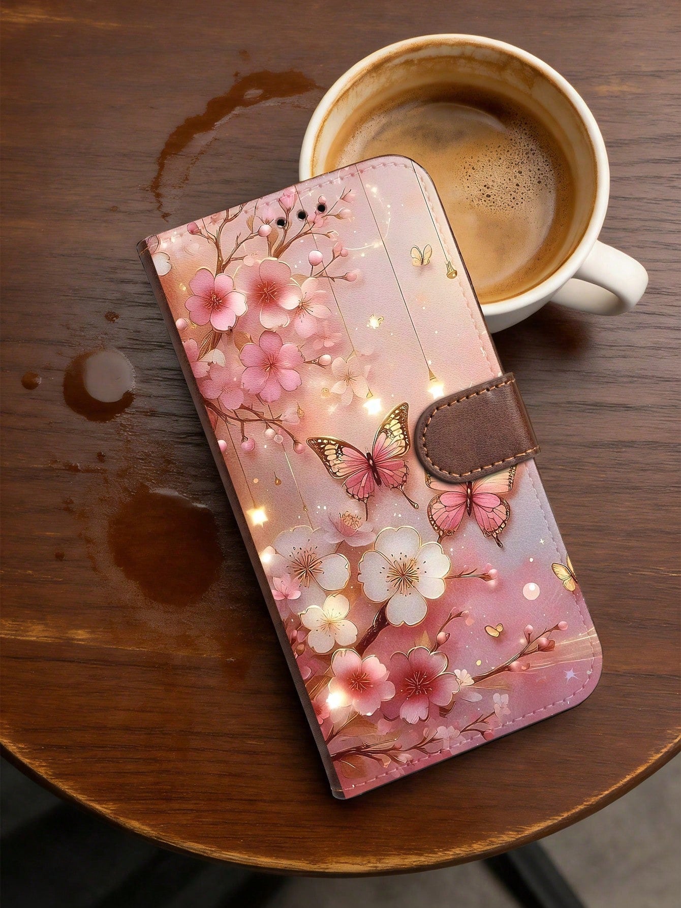 Romantic Cherry Blossom And Butterfly Design, Premium Durable Flip Wallet Phone Case, Compatible With IPhone 16,15,14,13,12 Pro Max,11, With Foldable Stand And Credit Card Slots, Water-Resistant, Shoc