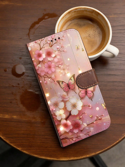 Romantic Cherry Blossom And Butterfly Design, Premium Durable Flip Wallet Phone Case, Compatible With IPhone 16,15,14,13,12 Pro Max,11, With Foldable Stand And Credit Card Slots, Water-Resistant, Shoc