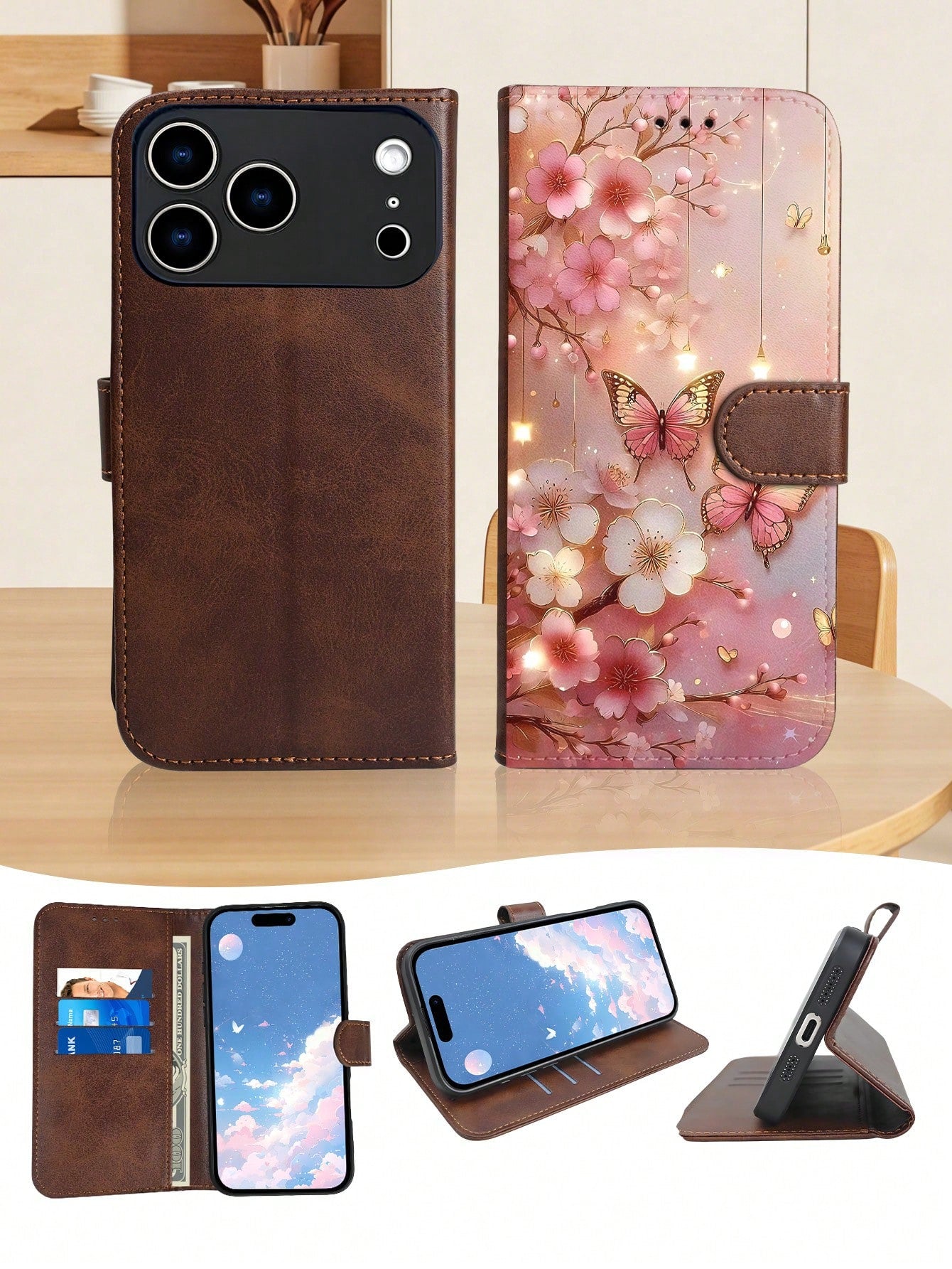 Romantic Cherry Blossom And Butterfly Design, Premium Durable Flip Wallet Phone Case, Compatible With IPhone 16,15,14,13,12 Pro Max,11, With Foldable Stand And Credit Card Slots, Water-Resistant, Shoc