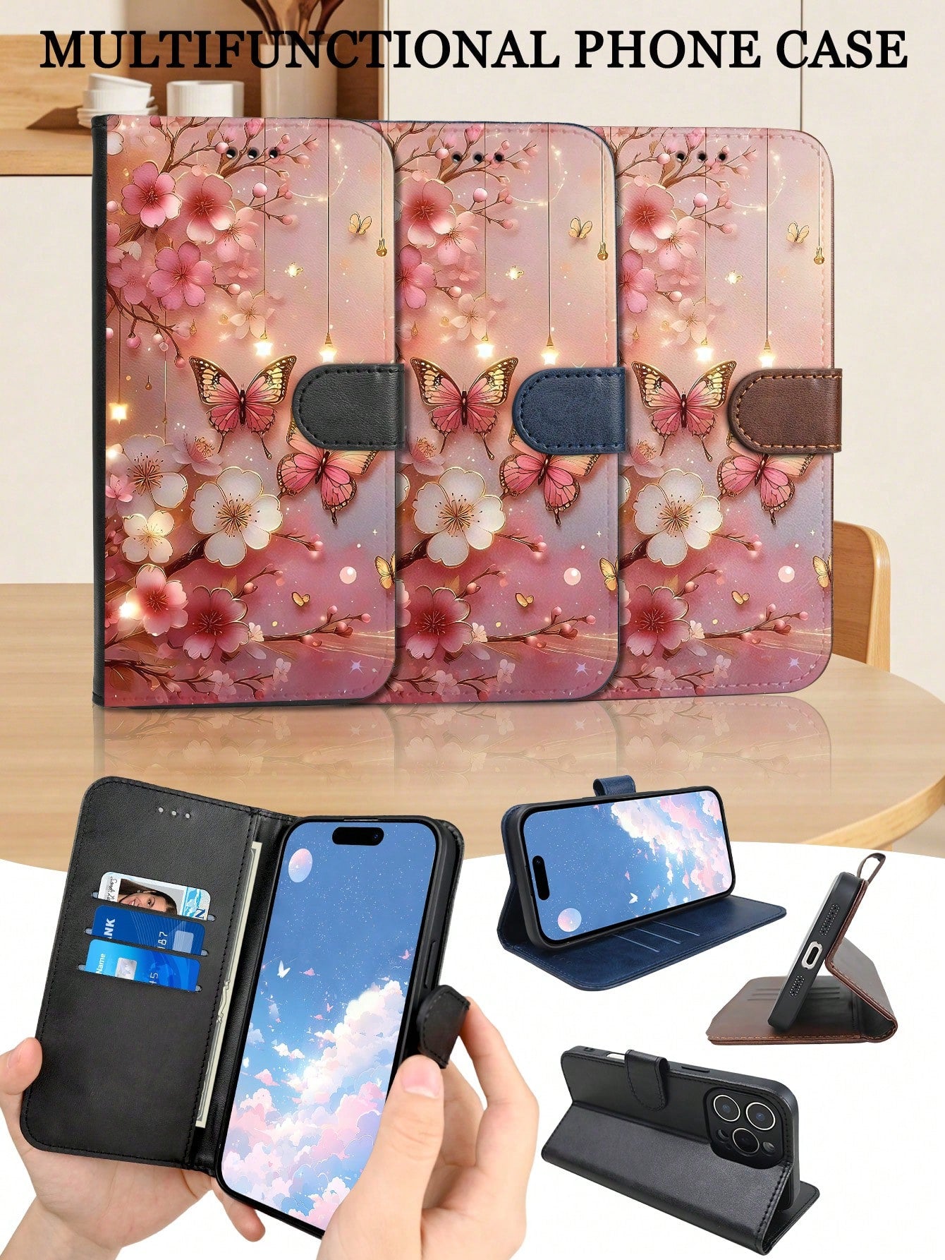 Romantic Cherry Blossom And Butterfly Design, Premium Durable Flip Wallet Phone Case, Compatible With IPhone 16,15,14,13,12 Pro Max,11, With Foldable Stand And Credit Card Slots, Water-Resistant, Shoc