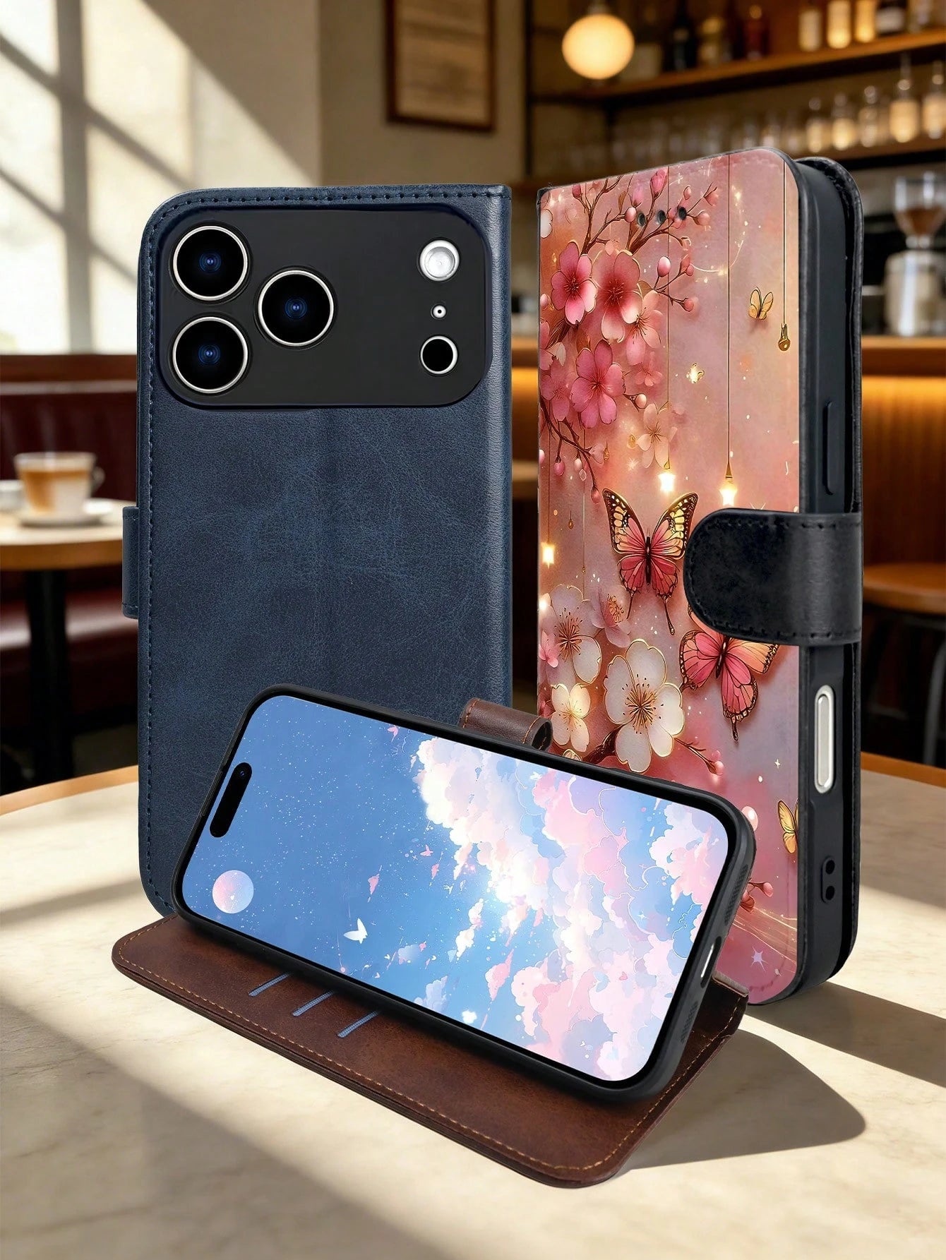 Romantic Cherry Blossom And Butterfly Design, Premium Durable Flip Wallet Phone Case, Compatible With IPhone 16,15,14,13,12 Pro Max,11, With Foldable Stand And Credit Card Slots, Water-Resistant, Shoc