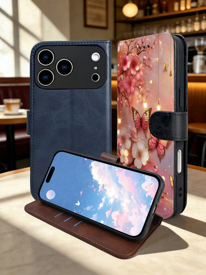 Romantic Cherry Blossom And Butterfly Design, Premium Durable Flip Wallet Phone Case, Compatible With IPhone 16,15,14,13,12 Pro Max,11, With Foldable Stand And Credit Card Slots, Water-Resistant, Shoc
