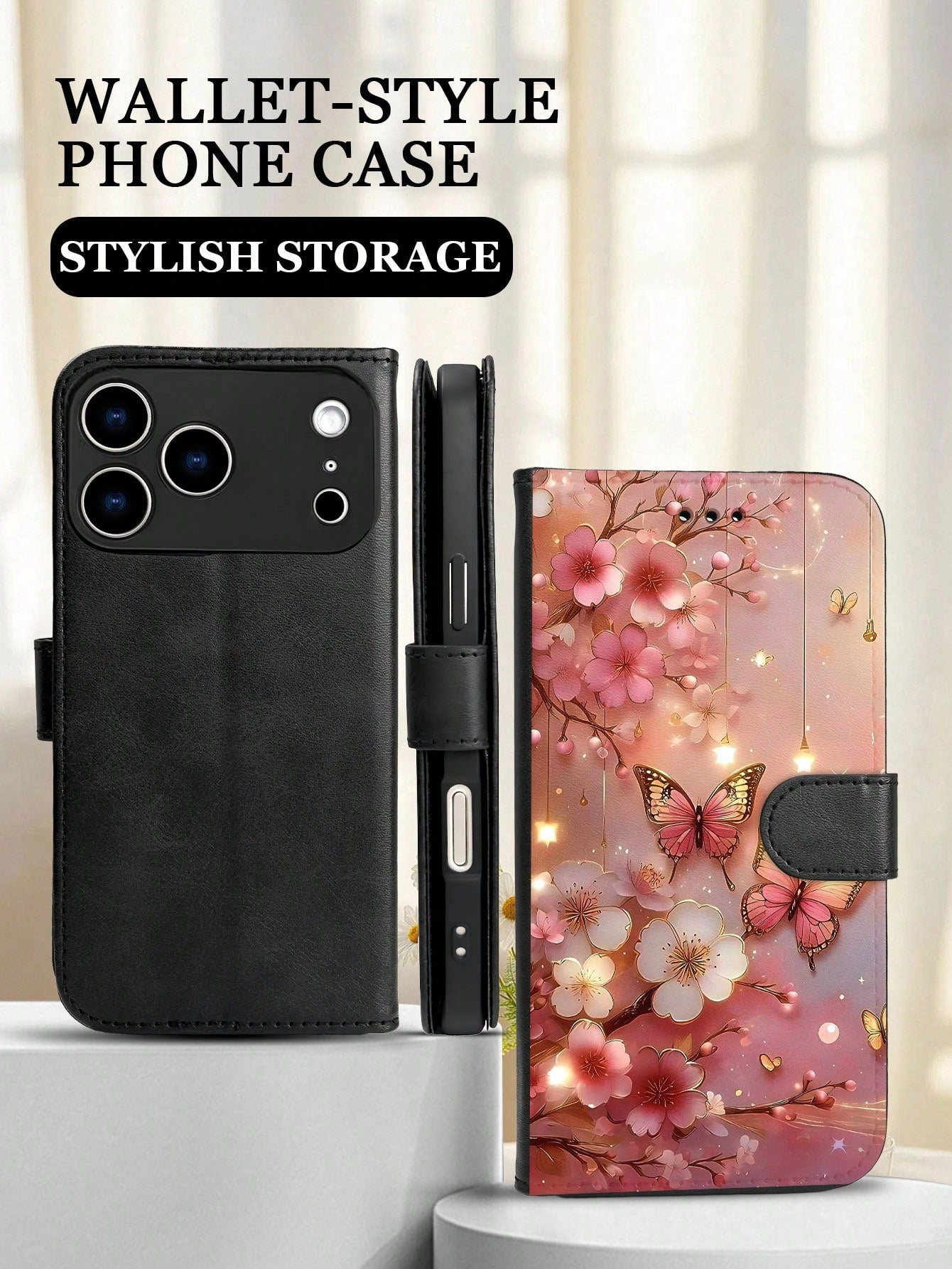Romantic Cherry Blossom And Butterfly Design, Premium Durable Flip Wallet Phone Case, Compatible With IPhone 16,15,14,13,12 Pro Max,11, With Foldable Stand And Credit Card Slots, Water-Resistant, Shoc