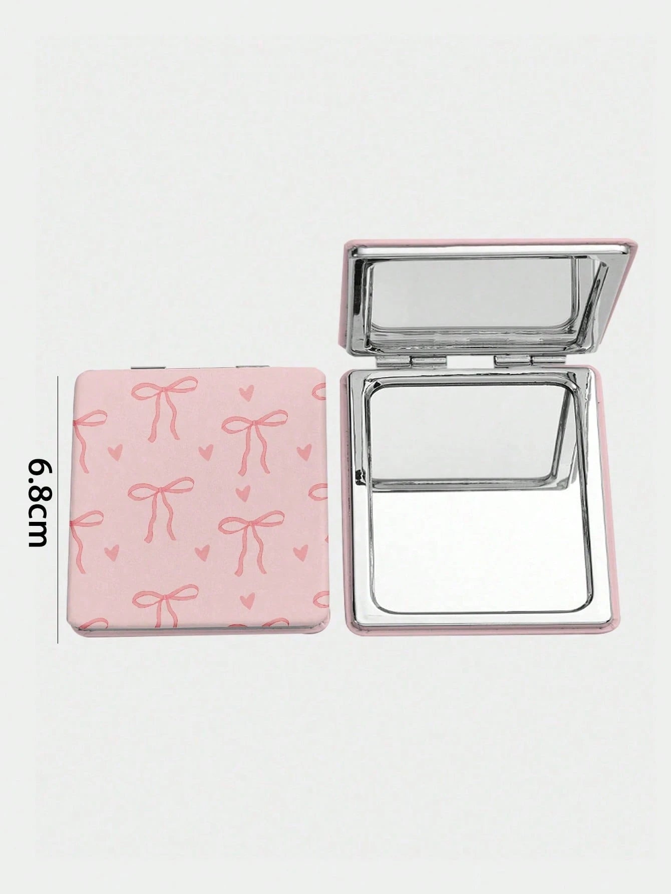 ROMWE 1pc Pink Bow & Heart Pattern Square Makeup Mirror, Portable Handheld Mirror, Suitable For Girls (Pattern Position Random)