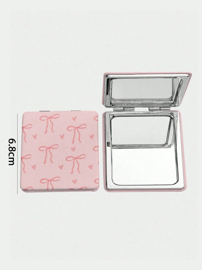 ROMWE 1pc Pink Bow & Heart Pattern Square Makeup Mirror, Portable Handheld Mirror, Suitable For Girls (Pattern Position Random)