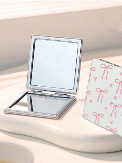 ROMWE 1pc Pink Bow & Heart Pattern Square Makeup Mirror, Portable Handheld Mirror, Suitable For Girls (Pattern Position Random)