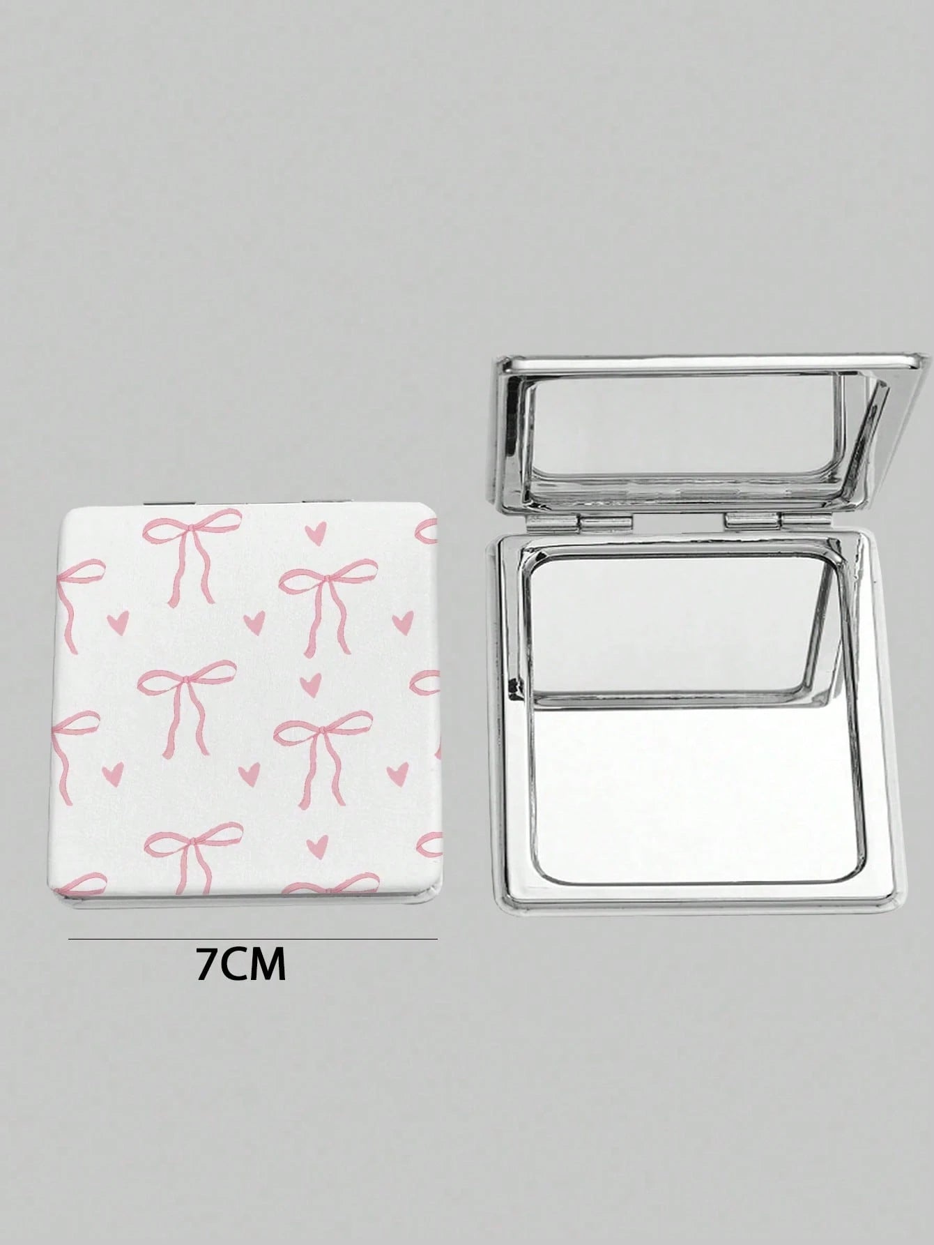ROMWE 1pc Pink Bow & Heart Pattern Square Makeup Mirror, Portable Handheld Mirror, Suitable For Girls (Pattern Position Random)