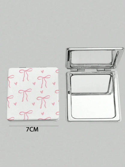 ROMWE 1pc Pink Bow & Heart Pattern Square Makeup Mirror, Portable Handheld Mirror, Suitable For Girls (Pattern Position Random)