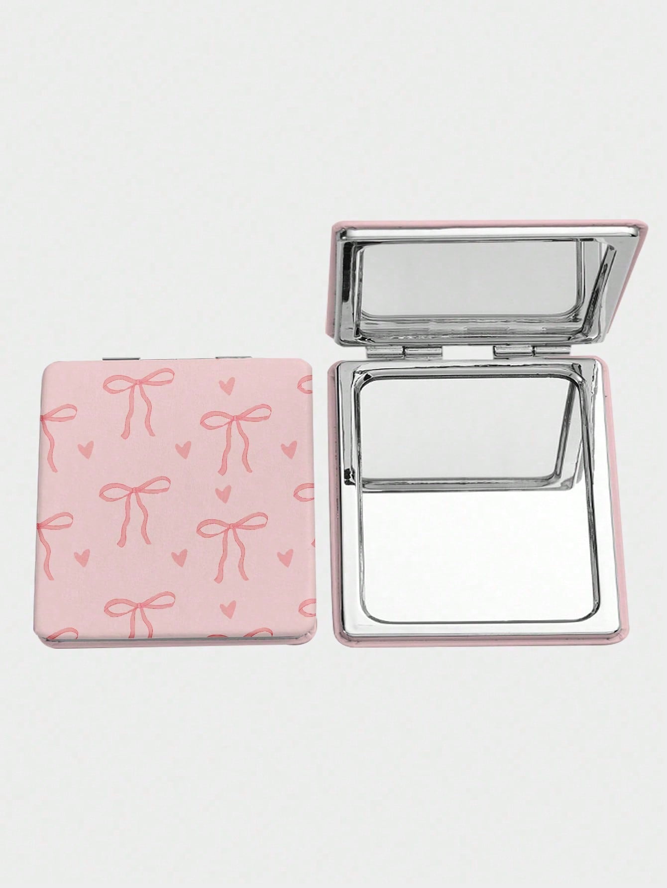 ROMWE 1pc Pink Bow & Heart Pattern Square Makeup Mirror, Portable Handheld Mirror, Suitable For Girls (Pattern Position Random)