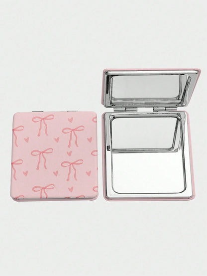 ROMWE 1pc Pink Bow & Heart Pattern Square Makeup Mirror, Portable Handheld Mirror, Suitable For Girls (Pattern Position Random)